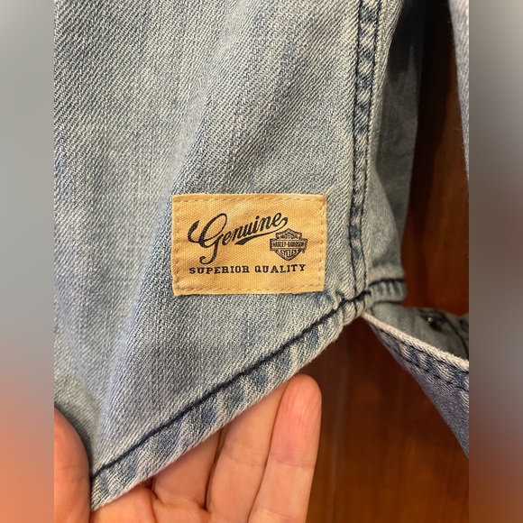 Women's Harley Davidson Distressed Studded Snapper Denim Shirt - Picture 4 of 8